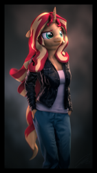 Size: 2160x3840 | Tagged: safe, artist:imafutureguitarhero, character:sunset shimmer, species:anthro, species:pony, species:unicorn, 3d, 4k resolution, border, chromatic aberration, clothing, colored eyebrows, female, film grain, floppy ears, hands in pockets, high res, horn, jacket, jeans, leather jacket, long hair, long mane, looking up, mare, multicolored hair, pants, raised eyebrow, signature, solo, source filmmaker, tank top, vertical