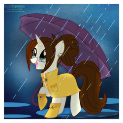 Size: 1024x1024 | Tagged: safe, artist:kazziepones, oc, oc only, oc:hazel, species:pony, species:unicorn, ear piercing, female, glasses, hoof boots, mare, piercing, rain, raincoat, solo, umbrella
