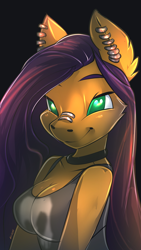 Size: 1080x1920 | Tagged: safe, artist:noben, oc, oc only, oc:pumpkin lily, species:anthro, species:earth pony, species:pony, anthro oc, breasts, cleavage, clothing, ear piercing, female, heart eyes, mare, nose piercing, piercing, smiling, tank top, wingding eyes