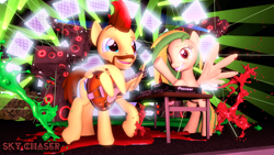 Size: 1280x720 | Tagged: safe, artist:sky chaser, oc, oc:sky chaser, oc:wooden toaster, species:pegasus, species:pony, 3d, beard, facial hair, female, guitar, ink, male, mare, music, musical instrument, song, source filmmaker, stage, stallion