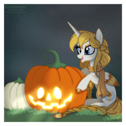 Size: 1024x1024 | Tagged: safe, artist:kazziepones, oc, oc:aurora, species:alicorn, species:pony, clothing, female, halloween, holiday, jack-o-lantern, mare, pumpkin, scarf, solo, two toned wings, wings