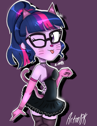 Size: 1000x1300 | Tagged: safe, artist:artmlpk, character:twilight sparkle, character:twilight sparkle (scitwi), species:eqg human, my little pony:equestria girls, ;p, animal costume, blushing, cat costume, cat ears, cat tail, catgirl, clothing, costume, cute, female, halloween, halloween costume, holiday, looking back, one eye closed, ponytail, solo, tongue out, twiabetes, wink