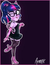 Size: 1186x1536 | Tagged: safe, artist:artmlpk, character:twilight sparkle, character:twilight sparkle (scitwi), species:eqg human, my little pony:equestria girls, ;p, alternate design, animal costume, blushing, cat, cat costume, cat ears, catgirl, clothing, costume, cute, female, halloween, halloween costume, looking back, one eye closed, solo, tongue out, twiabetes, wink