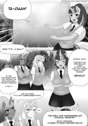 Size: 3000x4250 | Tagged: safe, artist:draltruist, character:princess luna, character:sunset shimmer, character:twilight sparkle, species:anthro, comic:twilight's new spell, arm boob squeeze, blushing, clothing, comic, grayscale, manga, monochrome, school uniform, wall