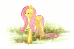 Size: 900x600 | Tagged: safe, artist:cosmicunicorn, character:fluttershy, species:pegasus, species:pony, eyes closed, female, grass, mare, solo