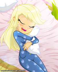 Size: 601x743 | Tagged: safe, artist:charliexe, character:applejack, my little pony:equestria girls, bed, blushing, clothing, crepuscular rays, cute, drool, eyes closed, female, footed sleeper, hug, jackabetes, lens flare, loose hair, pajamas, pillow, pillow hug, sleeping, solo