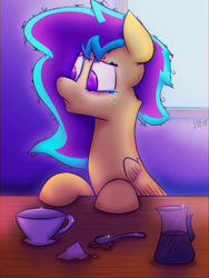 Size: 2160x2880 | Tagged: safe, artist:quicktimepony, oc, oc:soloist song, species:pegasus, species:pony, coffee, coffee mug, colourful, crying, food, hooves, mane, mug, neon colors, night, remake, sad, signature, solo, spoon, sugar (food), table, window, wings