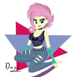 Size: 3000x3000 | Tagged: safe, artist:danielitamlp, character:fluttershy, episode:the road less scheduled, g4, my little pony: equestria girls, my little pony:equestria girls, spoiler:eqg series (season 2), alternate hairstyle, arm bands, barefoot, belly button, belt, breasts, busty fluttershy, cleavage, clothing, collar, ear piercing, eyeliner, eyeshadow, feet, female, flutterpunk, jeans, lipstick, makeup, midriff, pants, piercing, purple lipstick, ripped pants, smiling, staff, tank top, the road less scheduled: fluttershy