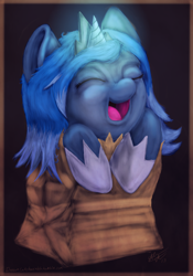 Size: 2512x3596 | Tagged: safe, artist:blindcoyote, character:princess luna, species:pony, bag, cute, eyes closed, female, filly, glowing horn, happy, magic, open mouth, paper bag, smiling, solo, uncanny valley, woona
