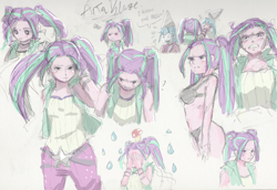 Size: 2326x1601 | Tagged: safe, artist:amazingpuffhair, character:aria blaze, character:sonata dusk, my little pony:equestria girls, bikini, clothing, crying, doodles, dunce hat, hat, question mark, swimsuit