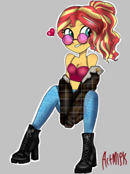 Size: 768x1024 | Tagged: safe, artist:artmlpk, character:sunset shimmer, my little pony:equestria girls, alternate hairstyle, bare shoulders, boots, bra, clothing, crop top bra, cute, design, fashion, female, hoodie, jacket, jeans, midriff, pants, ponytail, shimmerbetes, shoes, sitting, sleeveless, solo, sunglasses, trendy style, underwear