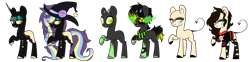 Size: 2272x567 | Tagged: safe, artist:lullabyprince, artist:rukemon, base used, oc, oc only, oc:acute toxicity, oc:lustful thrill, oc:pyrite (witch), species:earth pony, species:pony, species:unicorn, bandage, bandana, blank flank, clothing, eyepatch, eyeshadow, female, fishnets, flower, freckles, friday the 13th, hat, heterochromia, horns, jason voorhees, makeup, male, mare, markings, multicolored hair, raised hoof, rose, serial killer, shirt, simple background, stallion, stockings, t-shirt, tattoo, thigh highs, torn clothes, transparent background, unshorn fetlocks, witch, witch hat
