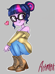 Size: 768x1024 | Tagged: safe, artist:artmlpk, character:twilight sparkle, character:twilight sparkle (scitwi), species:eqg human, my little pony:equestria girls, alternate hairstyle, bare shoulders, blushing, boots, clothing, cute, denim, design, fashion, fashion style, female, hair bun, jeans, pants, shoes, simple background, sitting, solo, squatting, sweater, toy, trendy style, turtleneck, twiabetes