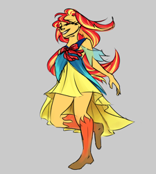 Size: 1280x1424 | Tagged: safe, artist:elisdoominika, character:sunset shimmer, species:human, my little pony:equestria girls, bow, clothing, dress, eyes closed, female, flowing hair, full body, redesign, ribbon, smiling, solo