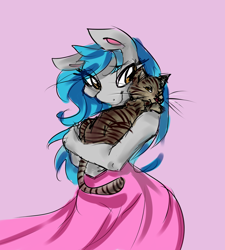 Size: 1280x1424 | Tagged: safe, artist:elisdoominika, oc, oc:sweet elis, species:anthro, species:earth pony, species:pony, bedroom eyes, blue mane, brown eyes, carrying, cat, clothing, dress, pink, smiling, solo
