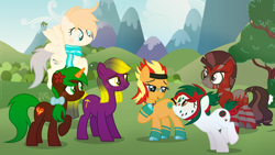 Size: 3544x2000 | Tagged: safe, artist:razorbladetheunicron, base used, oc, oc only, oc:merah, oc:razor blade, oc:rocky, oc:scoop, oc:thrill seeker, oc:violet quartz, ponysona, species:earth pony, species:pegasus, species:pony, species:unicorn, species:zebra, bow, clothing, colored hooves, colored horn, face markings, female, flower, flower in hair, glasses, gradient hair, group, hair bow, headband, horn, mare, rocky (g2), scarf