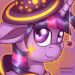 Size: 3000x3000 | Tagged: safe, artist:shad0w-galaxy, character:twilight sparkle, character:twilight sparkle (alicorn), species:alicorn, species:pony, clothing, costume, female, fluffy, halloween, halloween costume, hat, high res, holiday, nightmare night, nightmare night costume, patreon, patreon logo, smiling, solo, spider, witch hat