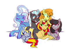 Size: 4592x3080 | Tagged: safe, artist:cubbybatdoodles, character:carrot top, character:derpy hooves, character:golden harvest, character:octavia melody, character:sunset shimmer, character:thunderlane, character:trixie, species:earth pony, species:pegasus, species:pony, species:unicorn, alternate mane six, alternate universe, ditzy doo, female, leonine tail, male, mare, simple background, stallion, transparent background, unshorn fetlocks