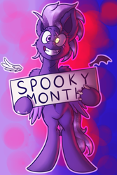 Size: 2000x3000 | Tagged: safe, artist:shad0w-galaxy, oc, oc only, oc:shadow galaxy, species:pegasus, species:pony, abstract background, bipedal, fangs, glowing eyes, halloween, high res, holiday, looking at you, nightmare night, scar, smiling, solo