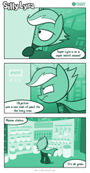 Size: 726x1387 | Tagged: safe, artist:dori-to, character:lyra heartstrings, species:pony, comic:silly lyra, comic, female, green, greenscale, mare, monochrome, superhero
