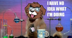 Size: 600x315 | Tagged: safe, artist:askwinonadog, edit, character:winona, species:dog, ask, ask winona, beaker, description is relevant, female, has science gone too far?, i have no idea what i'm doing, mug, photo, safety goggles, science, solo, tongue out, tumblr