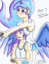 Size: 785x1018 | Tagged: safe, artist:the1king, character:princess luna, oc, oc:azure night, gamer luna, 30 day otp challenge, azuna, blushing, butt wings, canon x oc, clothing, controller, cutie mark on human, horn, horned humanization, humanized, humanized oc, jewelry, pouting, tank top, tattoo, winged humanization, wings