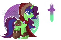 Size: 1024x676 | Tagged: safe, artist:kazziepones, oc, oc only, oc:fantasia charm, species:pony, species:unicorn, cloak, clothing, female, mare, reference sheet, saddle bag, solo