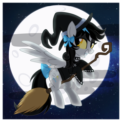 Size: 4900x4900 | Tagged: safe, artist:kazziepones, oc, oc only, oc:lightning dee, species:pegasus, species:pony, bow, broom, choker, clothing, colored sclera, commission, fangs, female, flying, flying broomstick, grin, hat, hoodie, mare, moon, night, smiling, solo, spiked choker, spiked wristband, spread wings, tail bow, wings, witch hat, wristband, ych result