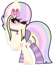Size: 711x840 | Tagged: safe, artist:owl-clockwork, artist:rukemon, base used, oc, oc only, oc:pastel love, species:earth pony, species:pony, chest fluff, clothing, collar, commission, eyeshadow, female, makeup, mare, multicolored hair, one eye closed, panties, purple underwear, simple background, socks, solo, striped socks, transparent background, underwear, unshorn fetlocks, wink
