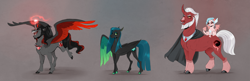 Size: 5500x1775 | Tagged: safe, artist:vindhov, character:cozy glow, character:king sombra, character:lord tirek, character:queen chrysalis, species:alicorn, species:dragon, species:pegasus, species:pony, species:unicorn, alicorn amulet, alicornified, alternate universe, antagonist, baby, baby dragon, beard, cape, clothing, colored hooves, colored wings, curved horn, description is relevant, dragonified, facial hair, female, glowing horn, gray background, green wings, horn, male, mare, nose piercing, nose ring, piercing, ponified, quartet, race swap, realistic horse legs, red wings, sideburns, simple background, snip (coat marking), socks (coat marking), sombracorn, species swap, spread wings, stallion, wings