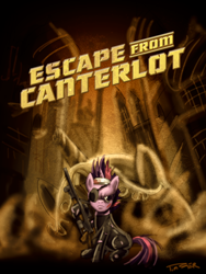 Size: 1500x2000 | Tagged: safe, artist:pluckyninja, character:twilight sparkle, bandage, clothing, crossover, escape from new york, eyepatch, female, future twilight, gun, movie poster, parody, solo, weapon