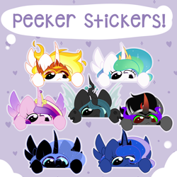 Size: 2200x2200 | Tagged: safe, artist:kellythedrawinguni, character:daybreaker, character:king sombra, character:nightmare moon, character:princess cadance, character:princess celestia, character:princess luna, character:queen chrysalis, species:alicorn, species:changeling, species:pony, species:unicorn, changeling queen, cute, cutealis, cutedance, cutelestia, diabreaker, ethereal mane, female, galaxy mane, lunabetes, male, mane of fire, mare, moonabetes, peeker, peeking, sombra eyes, sombradorable, stallion, sticker