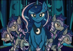 Size: 2048x1431 | Tagged: safe, artist:canvymamamoo, character:princess luna, species:alicorn, species:bat pony, species:pony, armor, ear fluff, fangs, female, hoof shoes, jewelry, looking at you, male, mare, night guard, night guard armor, open mouth, peytral, regalia, slit eyes, smiling, stallion