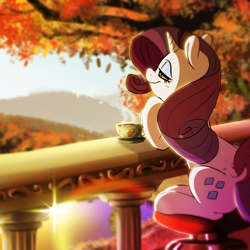 Size: 1000x1000 | Tagged: safe, artist:xxmarkingxx, character:rarity, species:pony, species:unicorn, autumn, balcony, cup, cute, dock, female, lidded eyes, mare, raribetes, sitting, smiling, solo, teacup