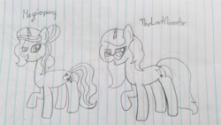 Size: 4032x2268 | Tagged: safe, artist:rainbow dash is best pony, oc, oc only, oc:curse word, oc:magpie, species:pony, species:unicorn, glasses, lined paper, magpiepony, pencil drawing, thelostnarrator, traditional art