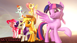 Size: 1920x1080 | Tagged: safe, artist:sky chaser, character:applejack, character:fluttershy, character:pinkie pie, character:rainbow dash, character:rarity, character:twilight sparkle, character:twilight sparkle (alicorn), species:alicorn, species:earth pony, species:pegasus, species:pony, species:unicorn, 3d, applejack's hat, clothing, cowboy hat, eyes closed, flying, grin, hat, horn, jumping, mane six, raised hoof, revamped ponies, smiling, source filmmaker, text, wings