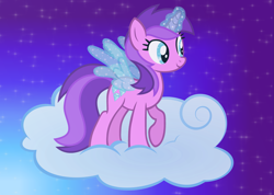 Size: 4209x3000 | Tagged: safe, artist:razorbladetheunicron, base used, character:amethyst star, character:sparkler, species:pony, species:unicorn, lateverse, alternate universe, artificial wings, augmented, cloud, female, glowing horn, happy birthday mlp:fim, horn, magic, magic eyes, magic wings, mare, mlp fim's ninth anniversary, on a cloud, solo, sparkly eyes, standing on a cloud, starry sky, unicorn magic, wings