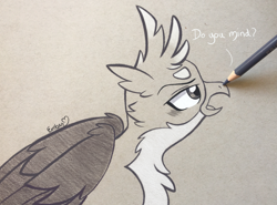 Size: 3497x2592 | Tagged: safe, artist:emberslament, character:gallus, species:griffon, g4, blushing, boop, breaking the fourth wall, colored pencil drawing, colored pencils, cute, dialogue, drawn into existence, gallabetes, male, pencil boop, photo, profile, sketch, solo, traditional art