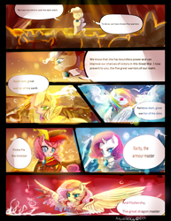 Size: 3000x3882 | Tagged: safe, artist:aquagalaxy, character:applejack, character:fluttershy, character:mayor mare, character:pinkie pie, character:rainbow dash, character:rarity, species:earth pony, species:pegasus, species:pony, species:unicorn, comic:a forgotten tragedy, armor, clothing, comic, dialogue, epic, fantasy class, female, mane five, mare, shadowed memories, spread wings, wings