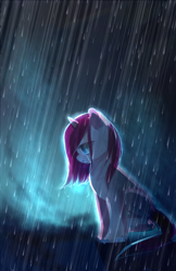 Size: 792x1224 | Tagged: safe, artist:aquagalaxy, character:pinkamena diane pie, character:pinkie pie, species:earth pony, species:pony, comic:a forgotten tragedy, crying, female, mare, rain, sitting, solo
