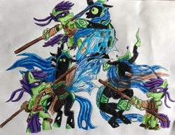 Size: 3438x2655 | Tagged: safe, artist:bozzerkazooers, character:queen chrysalis, episode:the ending of the end, g4, my little pony: friendship is magic, ninja turtles, traditional art