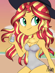 Size: 1536x2048 | Tagged: safe, artist:artmlpk, character:sunset shimmer, my little pony:equestria girls, adorasexy, beach, breasts, cleavage, clothing, cute, female, glass, hat, looking at you, one-piece swimsuit, polka dot swimsuit, sexy, shimmerbetes, sitting, smiling, solo, sun hat, sunset, swimsuit, white swimsuit