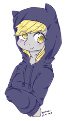 Size: 425x684 | Tagged: safe, artist:divided-s, character:derpy hooves, species:pony, blushing, bust, clothing, cute, derpabetes, eye clipping through hair, eyebrows, eyebrows visible through hair, female, hoodie, mare, pixiv, simple background, solo, white background