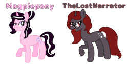 Size: 2000x1000 | Tagged: safe, artist:rainbow dash is best pony, oc, oc:curse word, oc:magpie, species:pony, species:unicorn, digital art, magpiepony, open mouth, simple background, text, thelostnarrator, transparent background