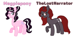 Size: 2000x1000 | Tagged: safe, artist:rainbow dash is best pony, oc, oc:curse word, oc:magpie, species:pony, species:unicorn, digital art, magpiepony, open mouth, simple background, text, thelostnarrator, white background
