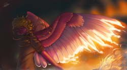 Size: 3780x2100 | Tagged: safe, artist:orfartina, oc, oc only, species:anthro, species:pegasus, species:pony, big wings, clothing, eyes closed, fire, high res, shirt, solo, wings