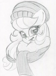 Size: 1572x2097 | Tagged: safe, artist:zemer, oc, oc:feather belle, species:pony, beanie, chest fluff, clothing, fluffy, hair tie, hat, monochrome, open mouth, scarf, traditional art