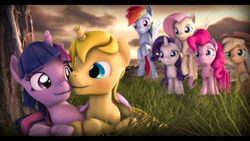 Size: 3840x2160 | Tagged: safe, artist:imafutureguitarhero, character:applejack, character:fluttershy, character:pinkie pie, character:rainbow dash, character:rarity, character:twilight sparkle, character:twilight sparkle (alicorn), oc, oc:golden scribe, species:alicorn, species:pegasus, species:pony, species:unicorn, 3d, 4k resolution, black bars, blushing, canon x oc, chromatic aberration, colored eyebrows, colored eyelashes, commission, female, field, film grain, floating, floppy ears, flying, grass, grin, group, horn, lying down, male, mane six, mare, nose wrinkle, outdoors, revamped ponies, shipping, signature, sky, smiling, source filmmaker, tree, wings
