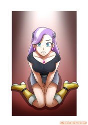 Size: 2480x3507 | Tagged: safe, artist:rambon7, character:diamond tiara, species:human, my little pony:equestria girls, adorasexy, boots, clothing, cover, cute, diamondbetes, ear piercing, earring, female, frown, gritted teeth, humanized, jewelry, kneeling, looking at you, looking up, miniskirt, necklace, older, older diamond tiara, patreon, pendant, piercing, raised eyebrow, sexy, shoes, sitting, skirt, solo, surprised, thighs, wide eyes
