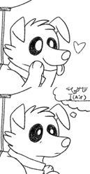 Size: 441x856 | Tagged: safe, artist:askwinonadog, character:winona, species:dog, ask winona, balloon, black and white, comic, description is relevant, fear of flying, female, floating, floating heart, grayscale, heart, monochrome, simple background, solo, tongue out, white background